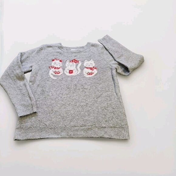 Cupcakes & Cashmere Sweater Women L Gray Christmas Cats LS Crewneck Cozy Holiday - Picture 1 of 13